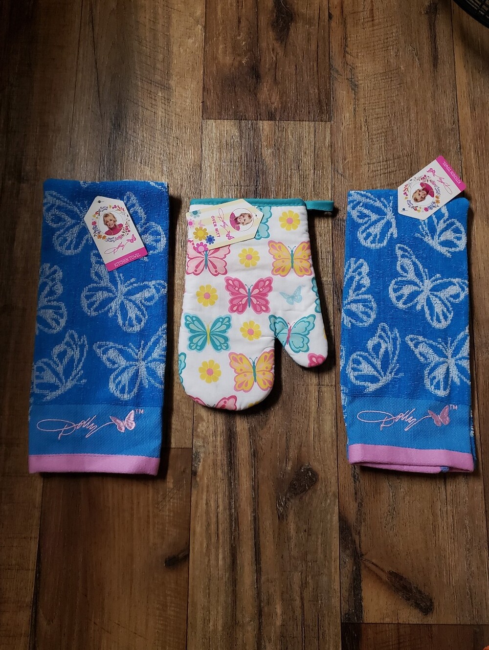 Dolly Parton Blue Butterfly Kitchen Towel Set with Butterfly Oven Mitt